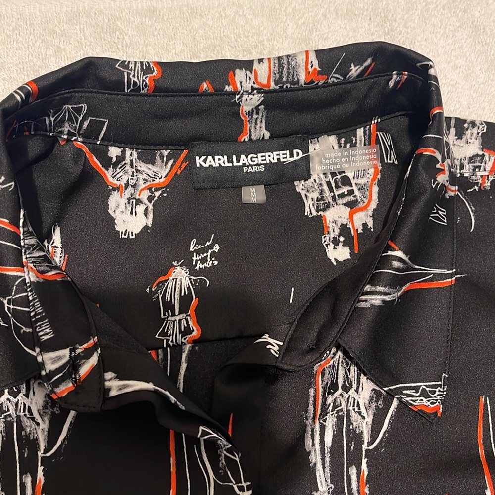 NWOT Karl Lagerfeld Women Black Preppy Graphic Button Down Beach Cover Up Med - Picture 10 of 15